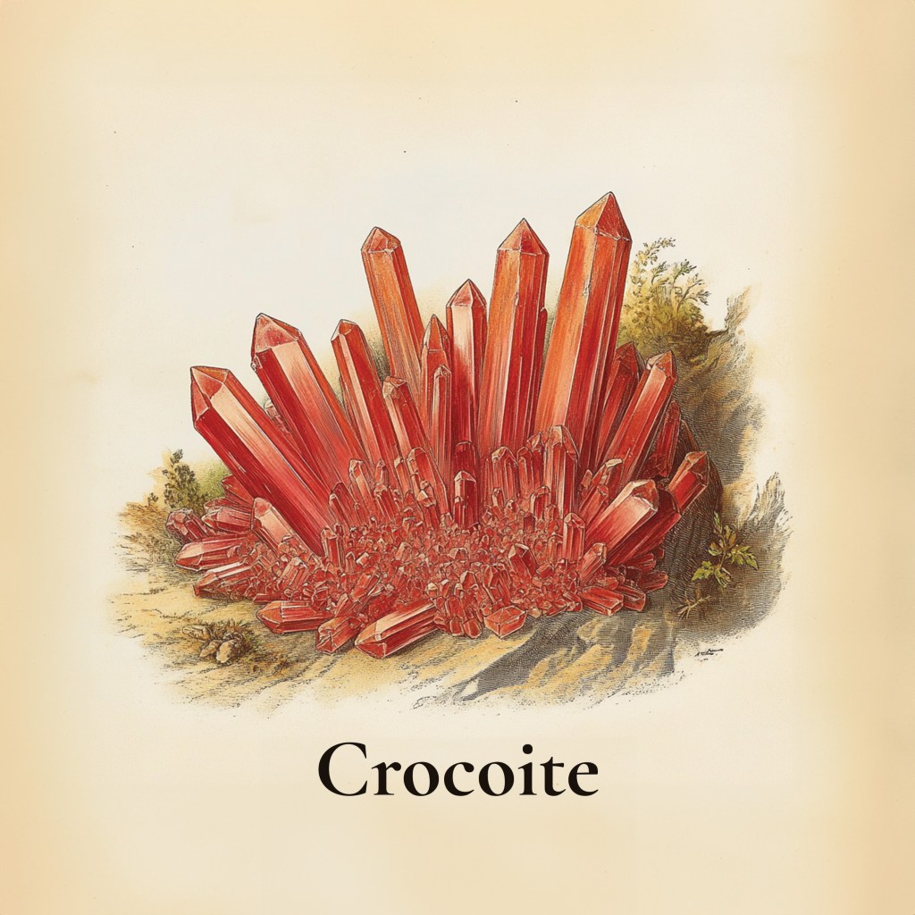 1890s style illustration of a cluster of crocoite crystals