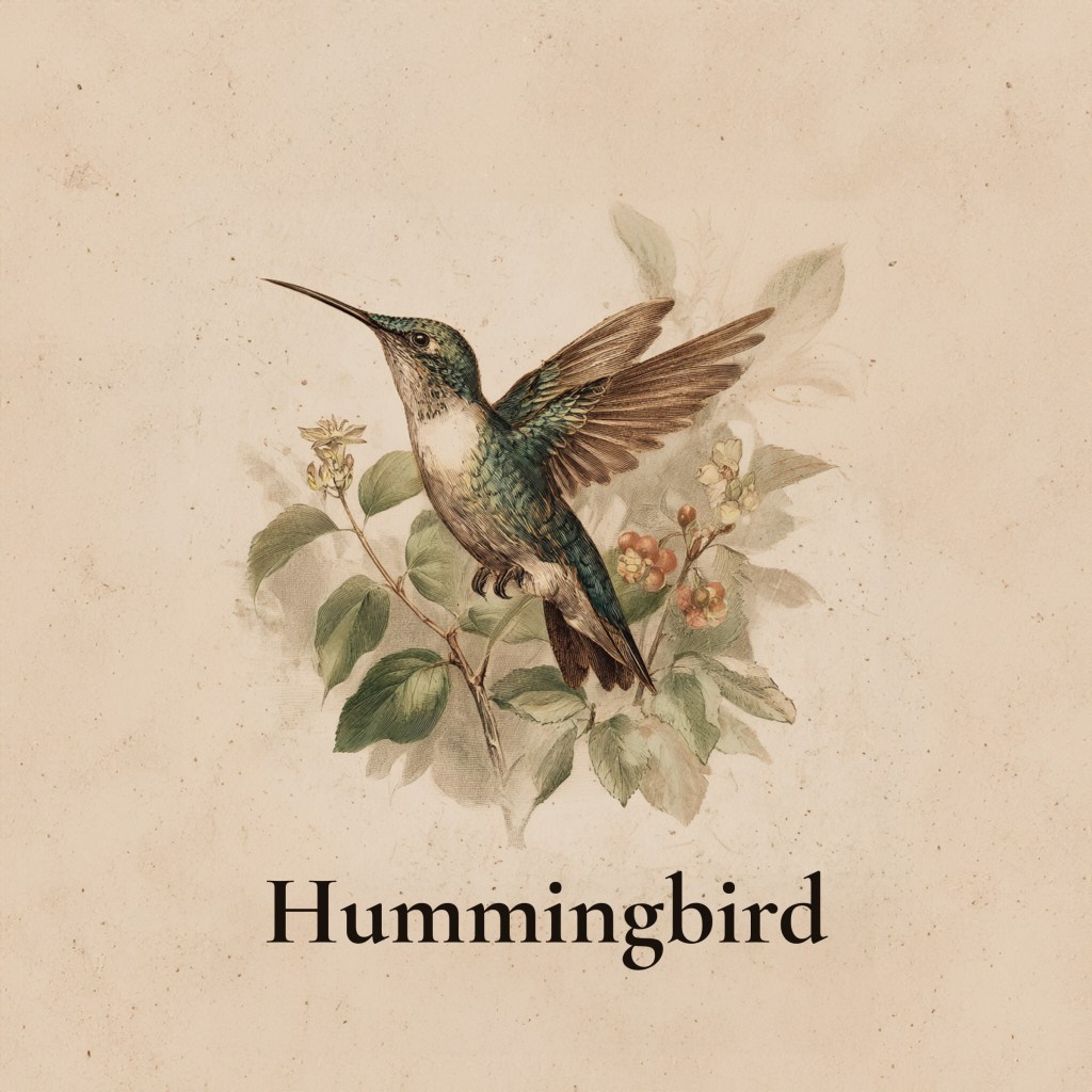 1890s style illustration of a hummingbird hovering over leaves