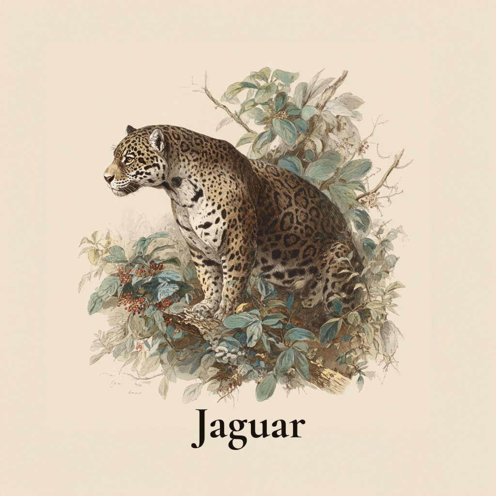 1890s style illustration of a jaguar in a jungle setting