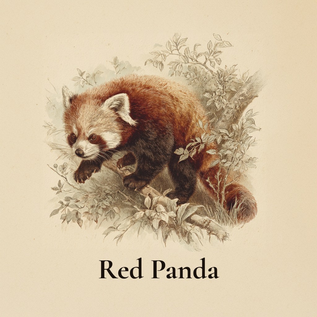 1890s style illustration of a red panda emerging from a bush