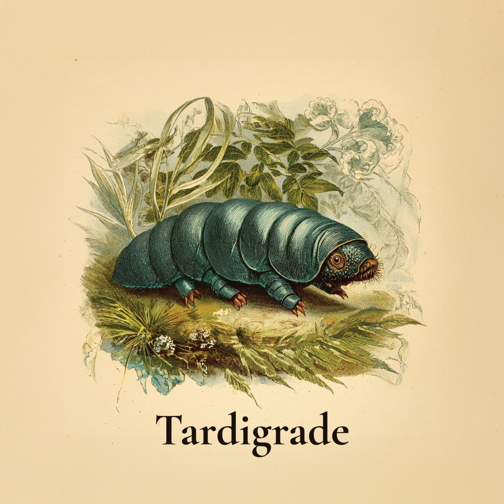 1890s style illustration of a tardigarde surrounded by aquatic flora