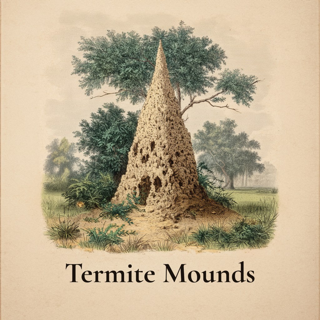 1890s style illustration of a termite mound