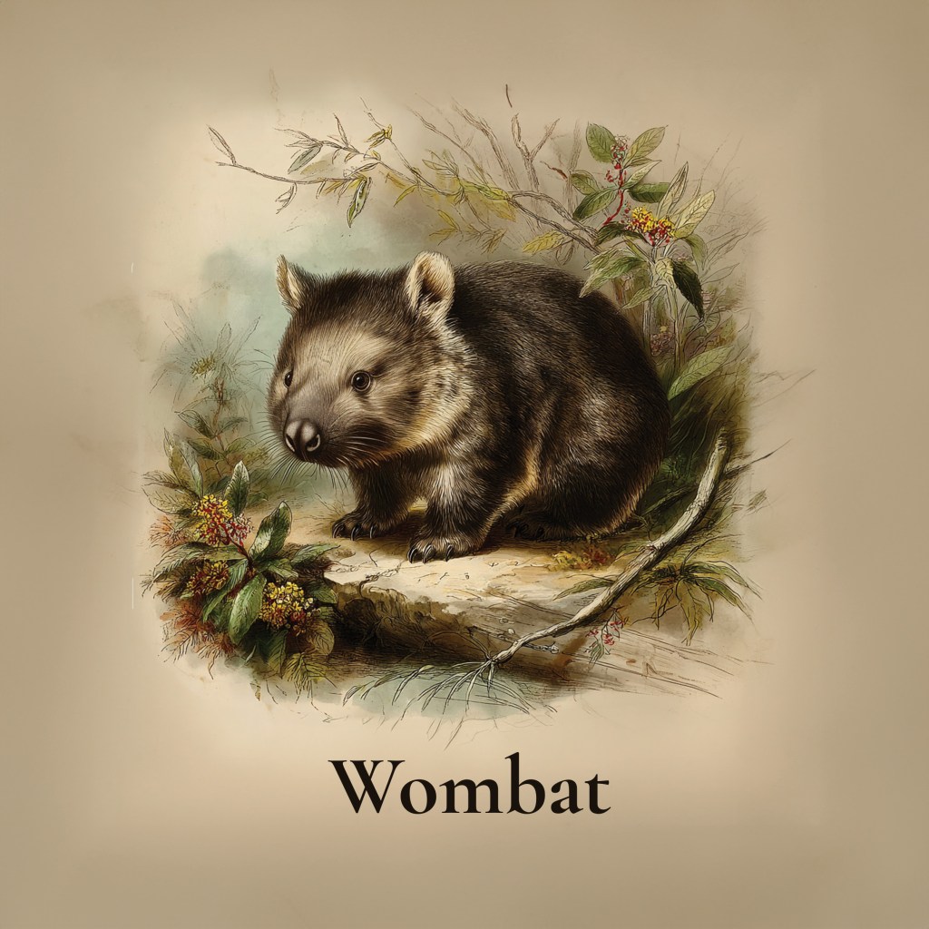 1890s style illustration of a wombat surrounded by brush